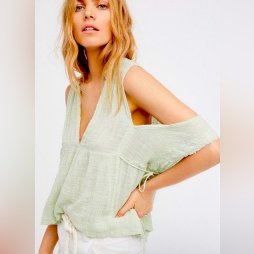 Free People Light Green Cold-Shoulder V-Neck cotton Gauze Women's Top L
